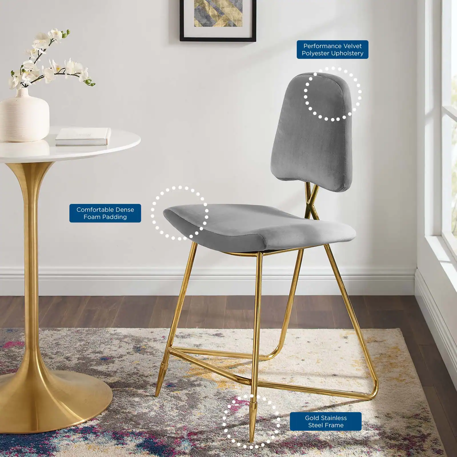 - Performance Velvet Polyester Upholstery
- Comfortable Dense Foam Padding
- Gold Stainless Steel Frame