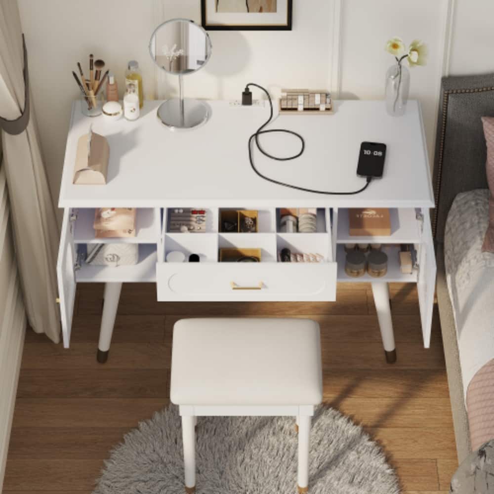 LUCKY ONE - Elegant Vanity Makeup Table w/ Chair Charging Port 2 Cabinets 1 Drawer - White