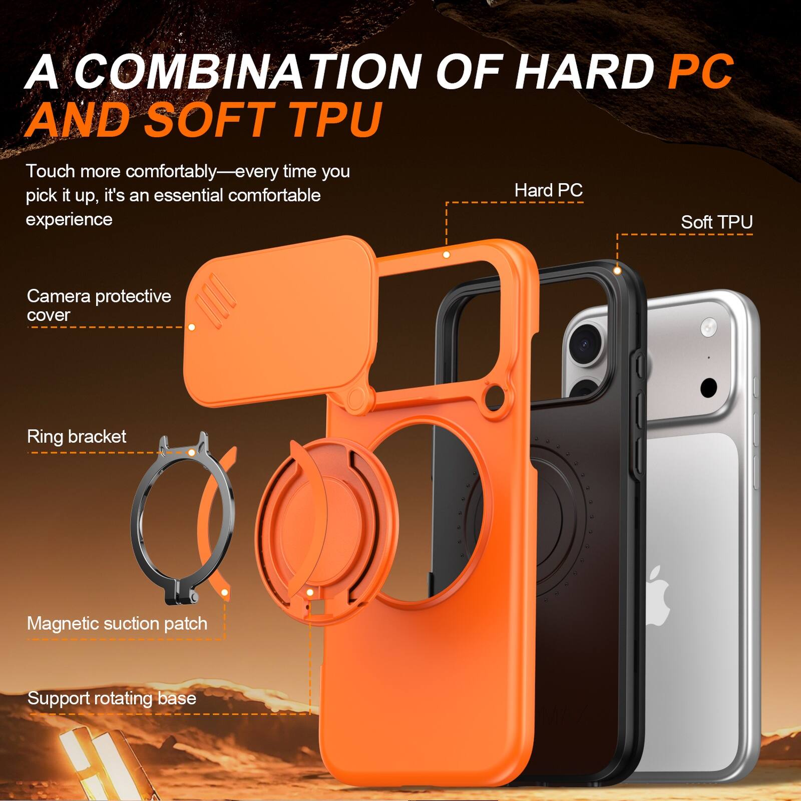 A COMBINATION OF HARD PC AND SOFT TPU

Touch more comfortably—every time you pick it up, it's an essential comfortable experience

Camera protective cover
Ring bracket
Magnetic suction patch
Support rotating base