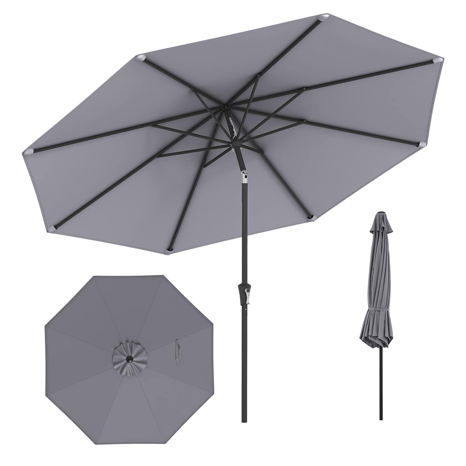 Gymax - Patio Heavy Duty Market Umbrella w/ Tilt Mechanism Crank Handle 8 Sturdy Ribs Outdoor - Gray