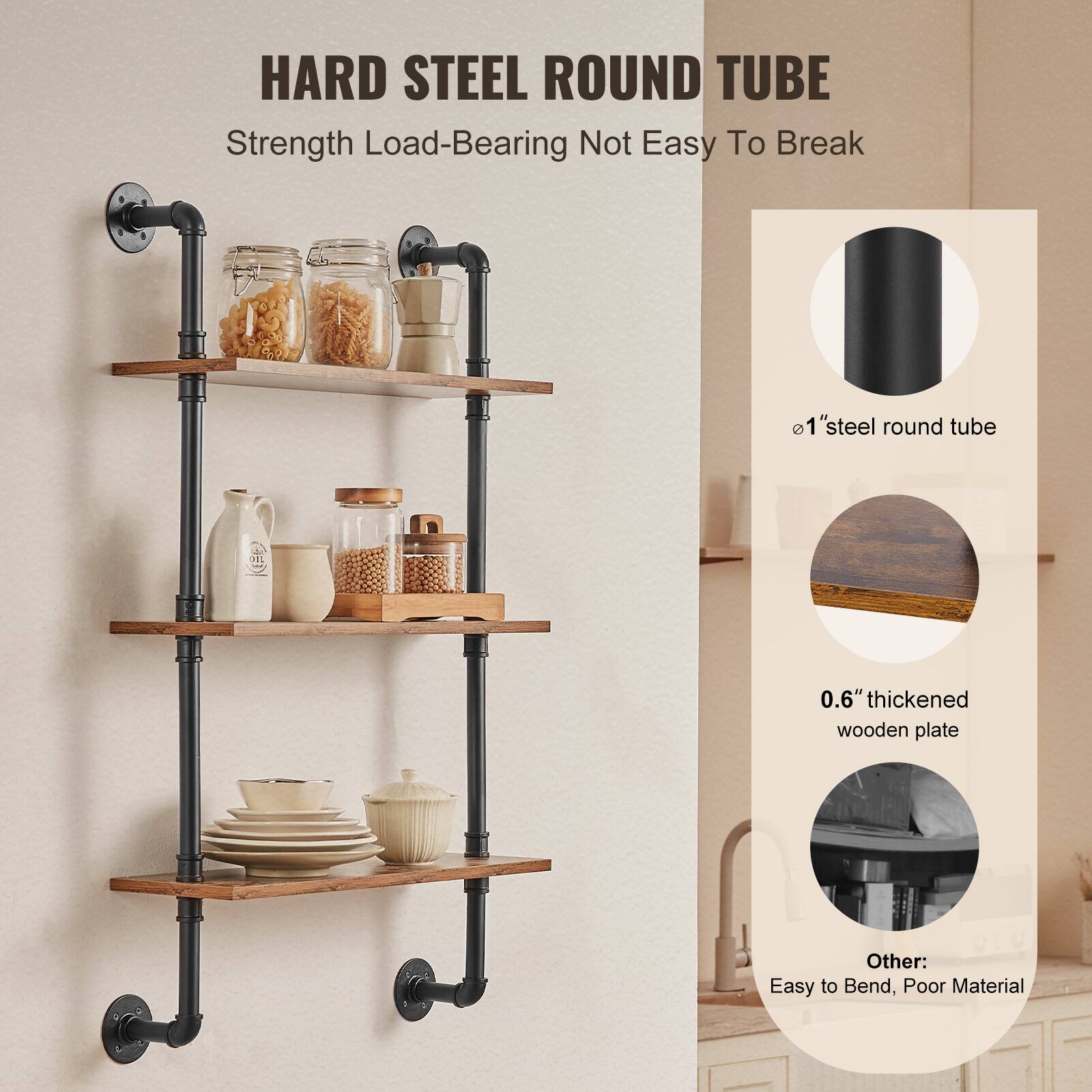 HARD STEEL ROUND TUBE  
Strength Load-Bearing Not Easy To Break  

- 0.1" steel round tube  
- 0.6" thickened wooden plate  

Other: Easy to Bend, Poor Material