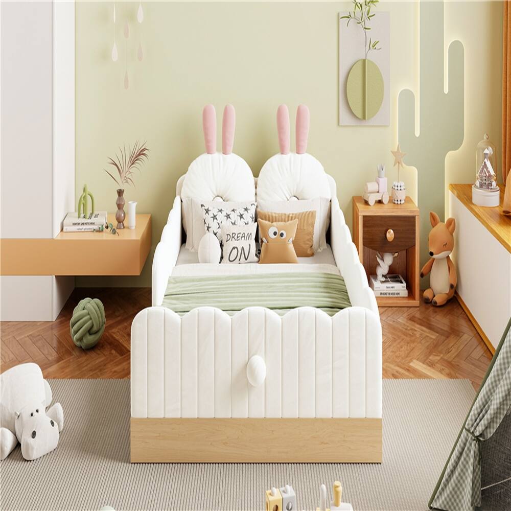 Back. Loheer - Loheer Twin Size Upholstered Platform Bed Beige Velvet Kids Bed with Storage Bags Animal Pillows No Box Spring Required - Beige.