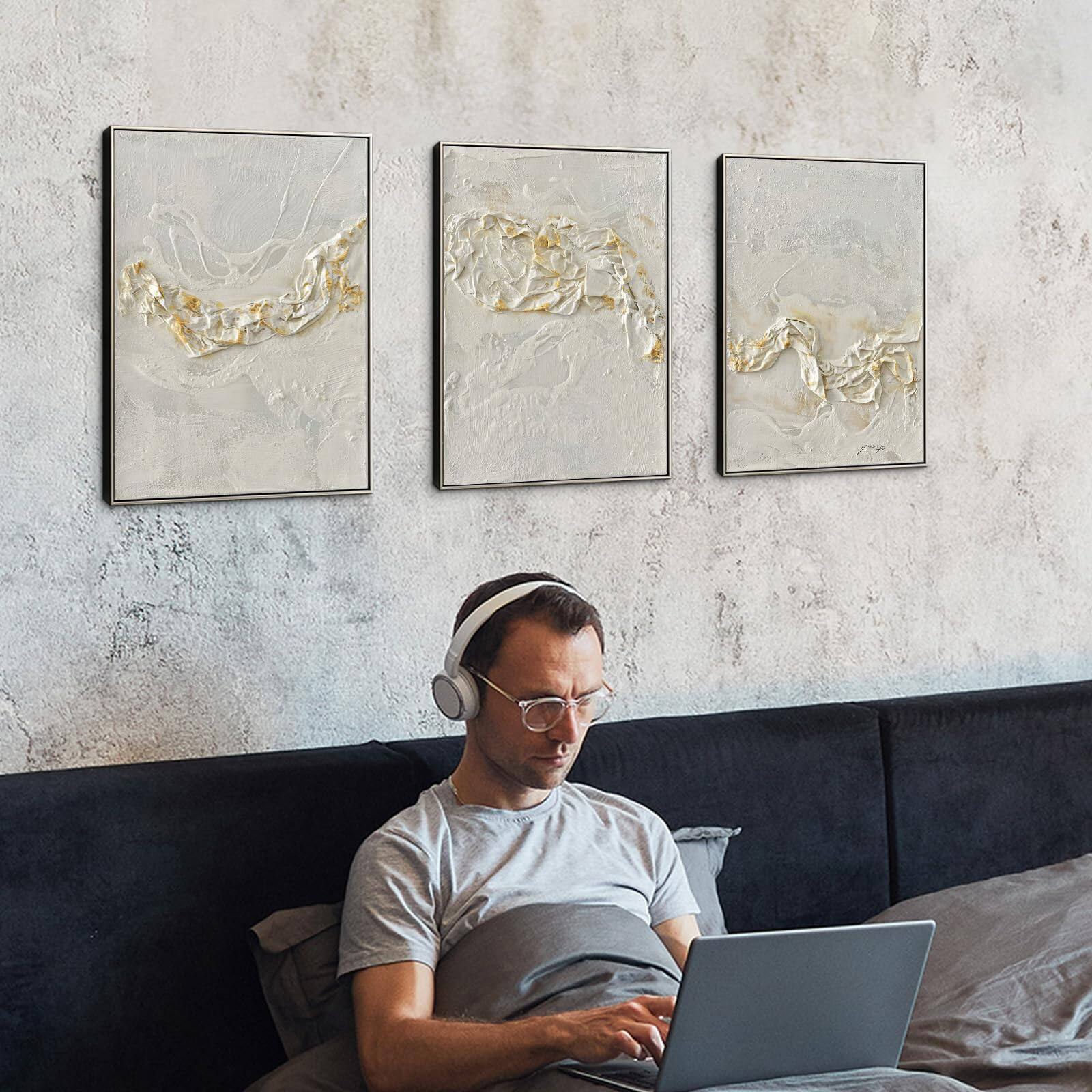 Alt View 3. Hanke - Modern Abstract Hand Painted Canvas Wall Textured Embossed Panels Living Room Framed Minimalist Home - Default.