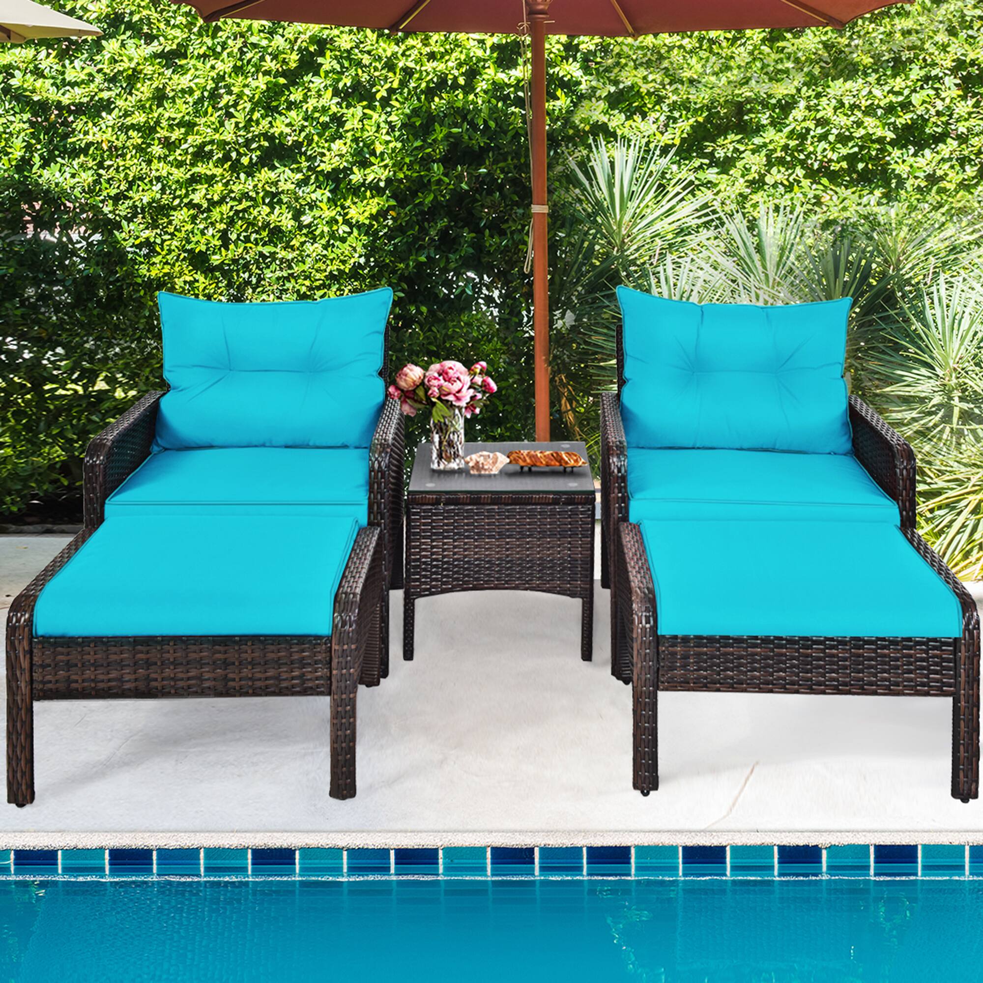 Alt View 3. Gymax - Gymax 5PCS Patio Set Sectional Rattan Wicker Furniture Set w/ Turquoise Cushion - as pic.
