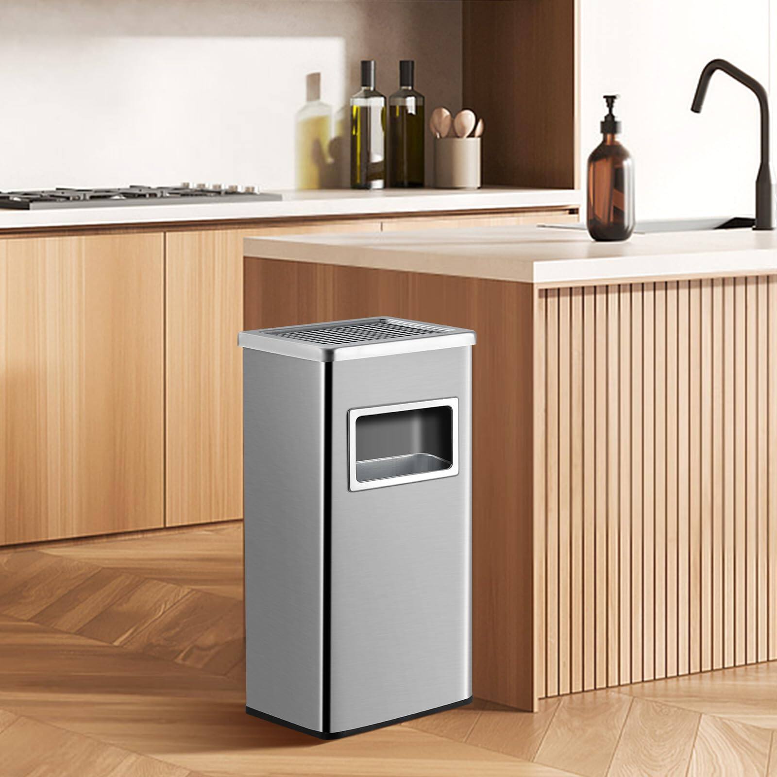 Back. Acekool - Commercial Indoor Outdoor Trash Can, Stainless Steel Square Garbage Can.