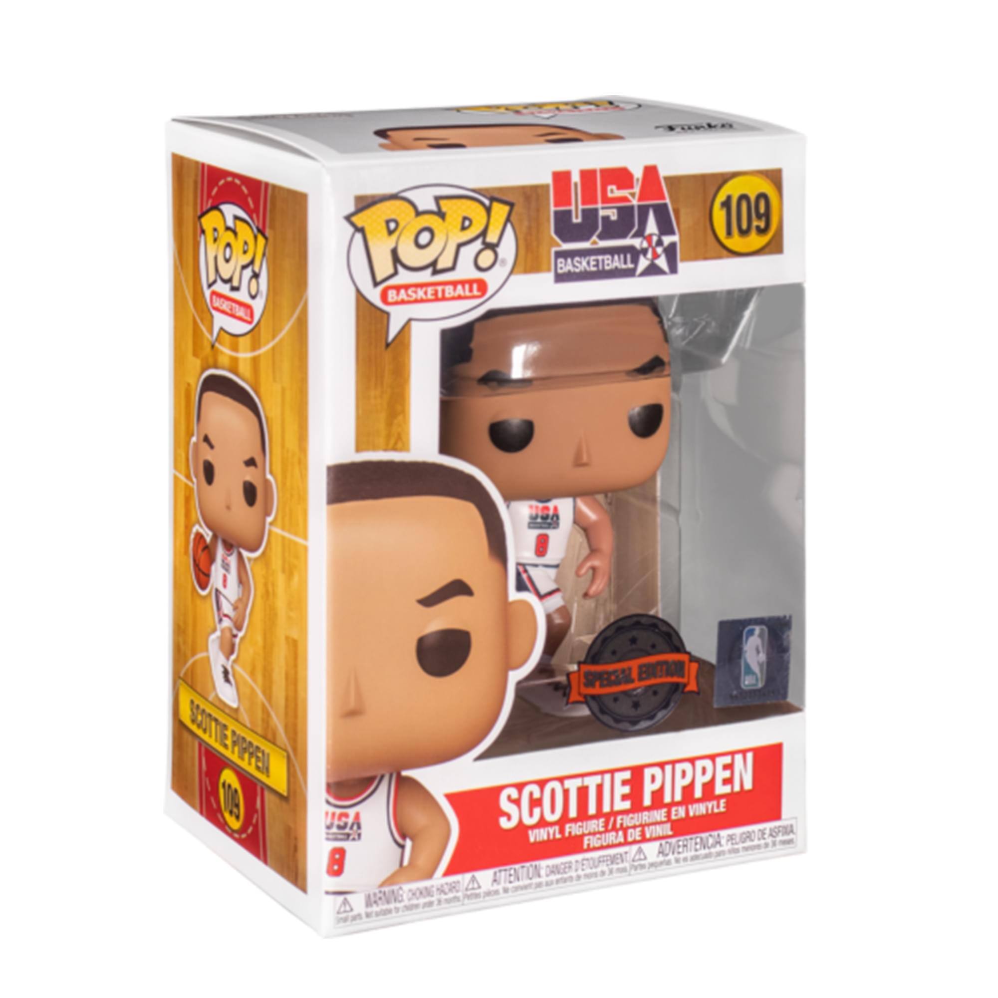 Sure, here is the corrected and grouped text from the image:

---

**Front:**
- POP! BASKETBALL
- USA BASKETBALL
- 109
- SCOTTIE PIPPEN
- SPECIAL EDITION

**Side:**
- POP! BASKETBALL
- SCOTTIE PIPPEN
- 109

**Bottom:**
- SCOTTIE PIPPEN
- VINYL FIGURE / FIGURINE EN VINYLE / FIGURA DE VINIL / FIGURA DE VINIL
- ATTENTION: CHOKING HAZARD - SMALL PARTS. NOT FOR CHILDREN UNDER 3 YEARS. / ADVERTENCIA: PEQUEÑOS OBJETOS QUE PUEDE CAUSAR ASFIXIA. NO ES RECOMENDABLE PARA NIÑOS MENORES DE 3 AÑOS. / ATTENTION: DANGER - PEU DE RISQUE D'ASPIRATION. NE PAS LAISSER APPROCHER DES ENFANTS DE MOINS DE 3 ANS.

**Top:**
- USA BASKETBALL
- 109

---