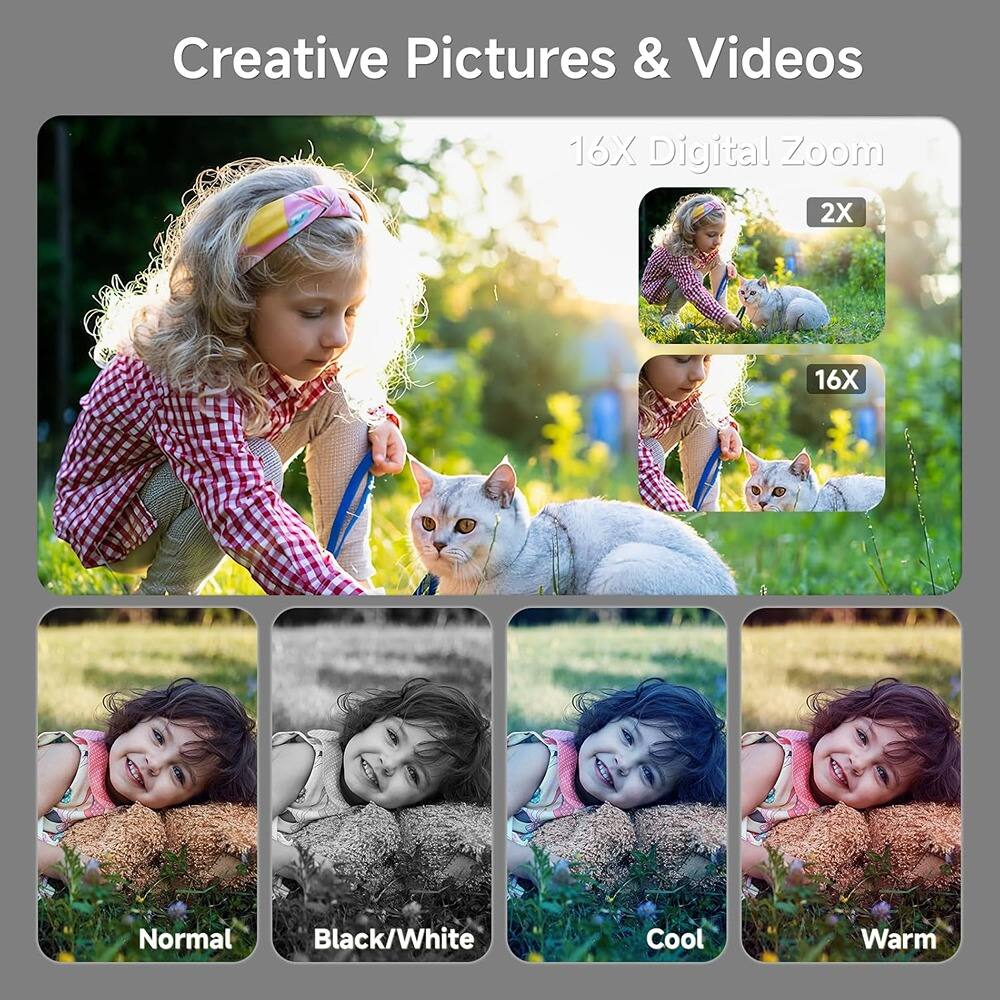 Creative Pictures & Videos  
16X Digital Zoom  
2X  
16X  
Normal  
Black/White  
Cool  
Warm
