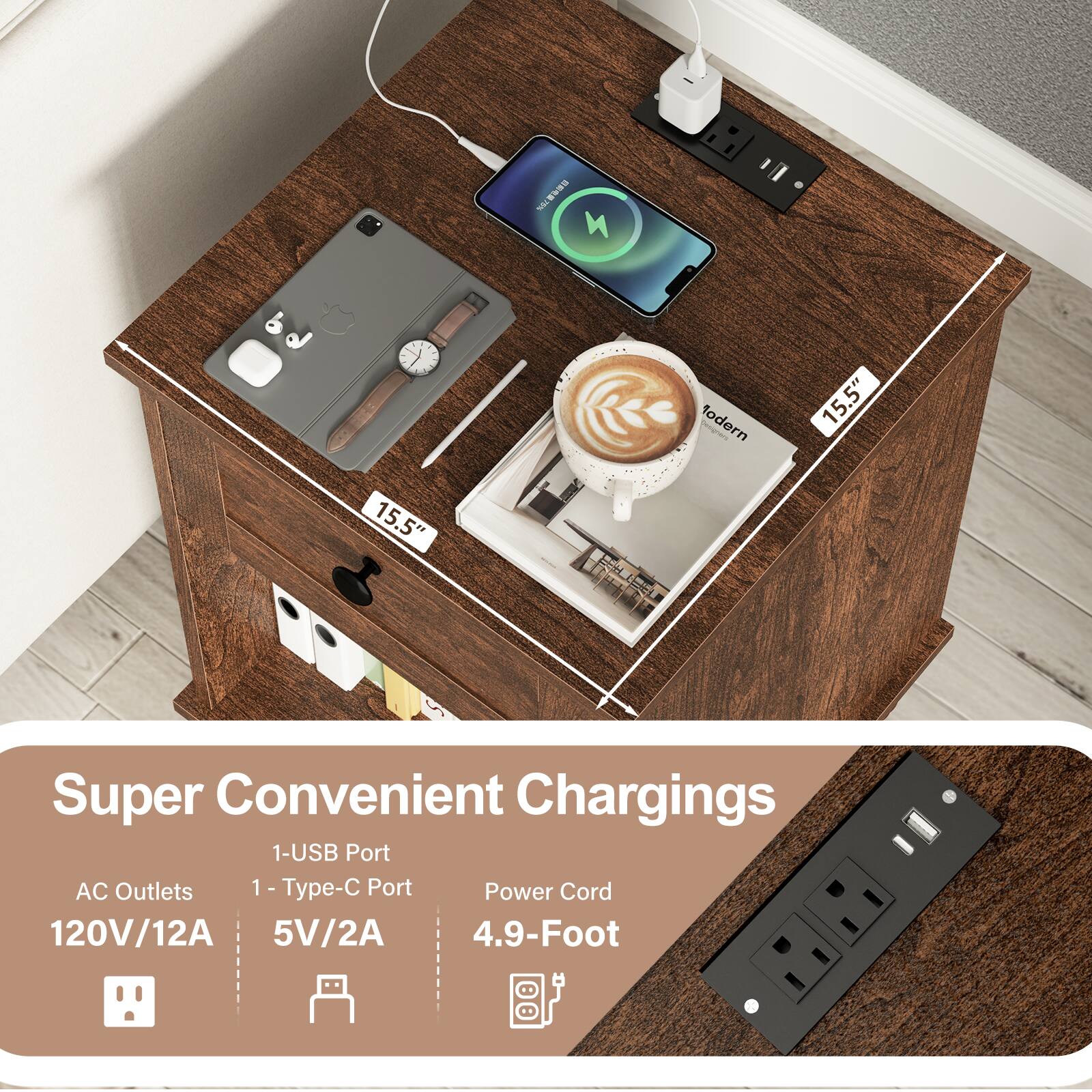 M MCVER 4 b 15.5" 15.5" Super Convenient Chargings  
1-USB Port  
AC Outlets 120V/12A  
1-Type-C Port 5V/2A  
Power Cord 4.9-Foot