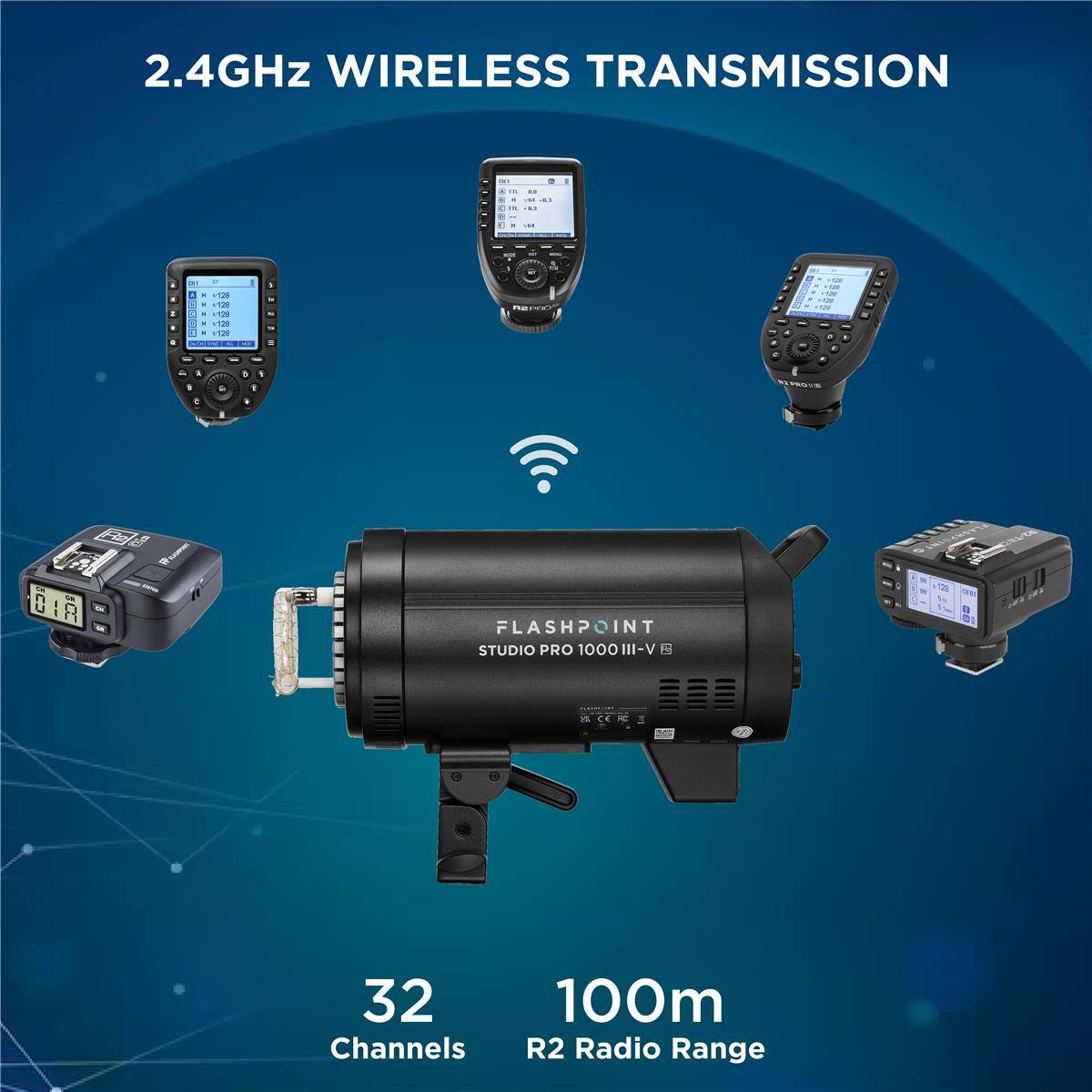 2.4GHz WIRELESS TRANSMISSION

FLASHPOINT STUDIO PRO 1000 III-V

32 Channels

100m R2 Radio Range