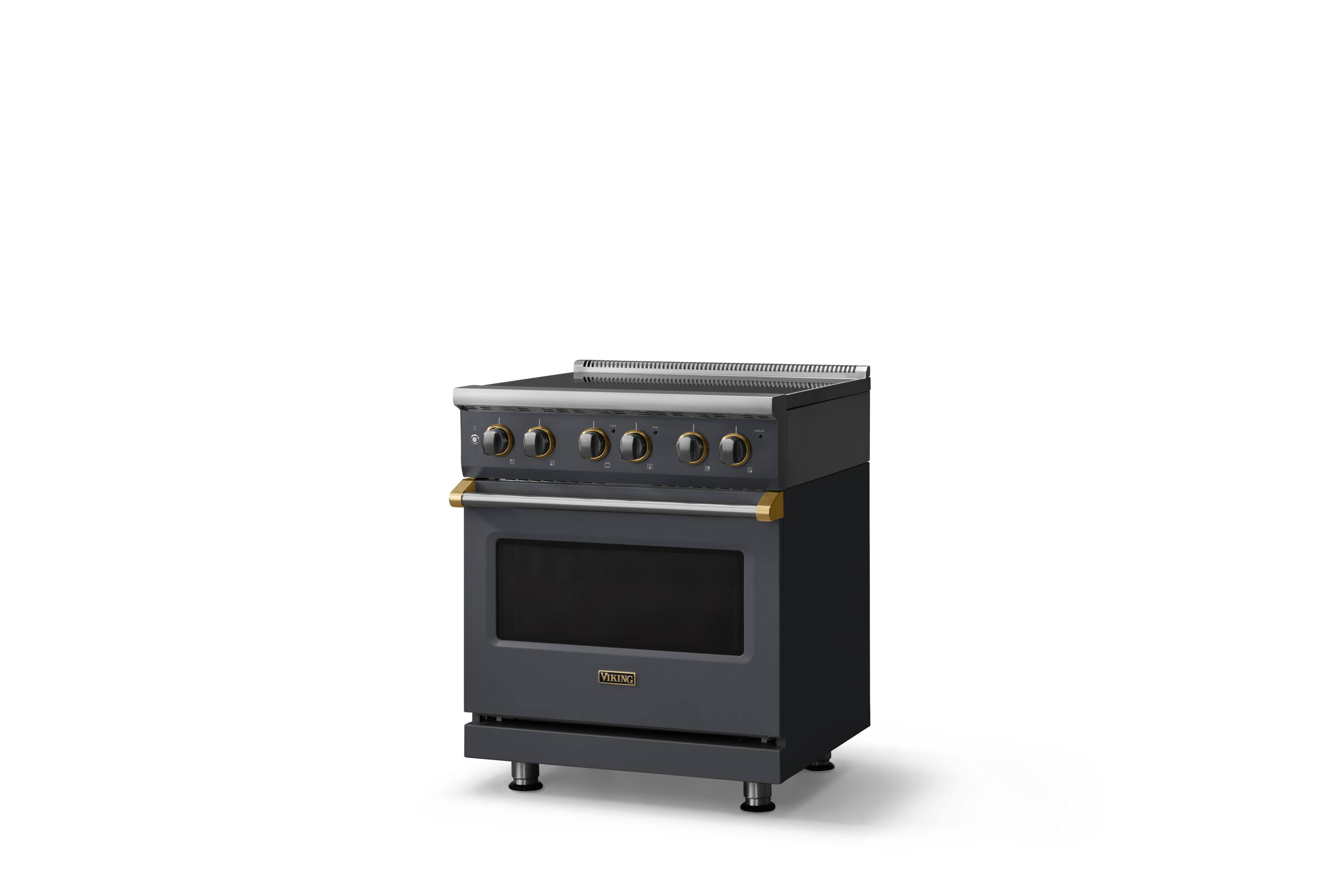 Angle. Viking - 30 in. Wide 4 Elements Pro 5 Series 4.7 Cu.Ft. Freestanding Electric Convection Range - Cast Black w. Brushed Brass Trim - Cast Black.