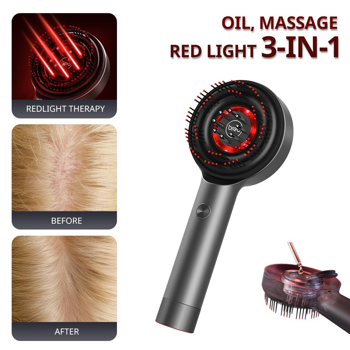 OIL, MASSAGE RED LIGHT 3-IN-1  
RED LIGHT THERAPY  

BEFORE  
AFTER