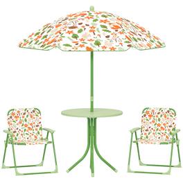 Qaba - Kids Picnic Table and Chair Set, Outdoor Activity Table with Foldable Chairs, Removable Umbrella, Fox Pattern - Green