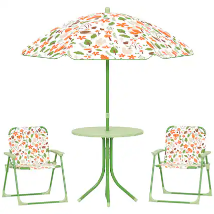 Front. Qaba - Kids Picnic Table and Chair Set, Outdoor Activity Table with Foldable Chairs, Removable Umbrella, Fox Pattern - Green.