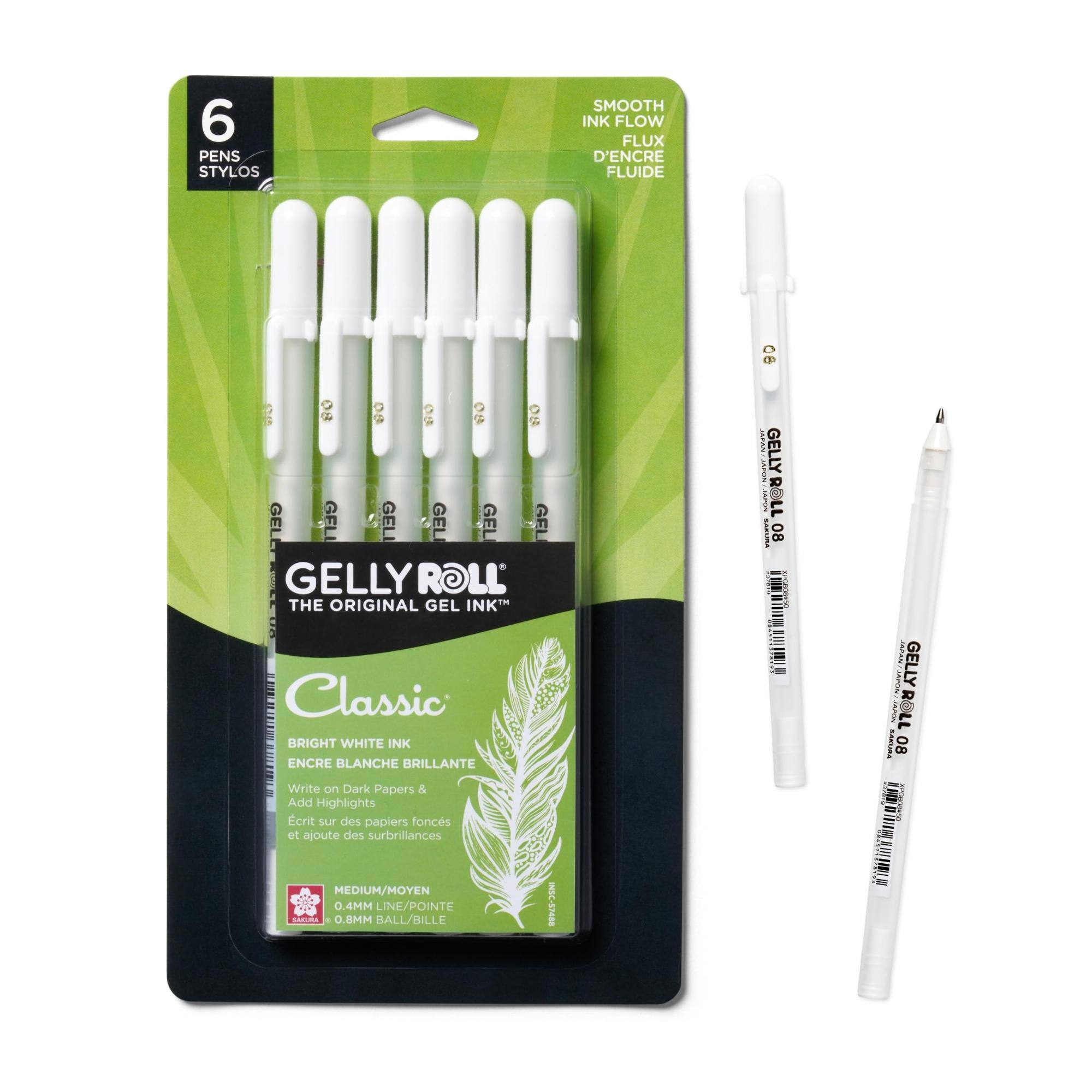 6 PENS STYLOS  
SMOOTH INK FLOW FLUX D'ENCRE FLUIDE  
GELLY ROLL THE ORIGINAL GEL INK Classic BRIGHT WHITE INK ENCRE BLANCHE BRILLANTE  
Write on Dark Papers & Add Highlights  
crit sur des papiers foncés et ajoute des surbrillances  
MEDIUM/MOYEN 0.4MM LINE/POINTE SAUCURA 0.8MM BALL/BILLE  
GEL INSC-57488  
EXPERI GELLY ROLL CAKING 08 2018000000  
JAPAN-JAI GELLY XXXXXXXXXXXX ROLL SAKURA 08 OU+BOGGES