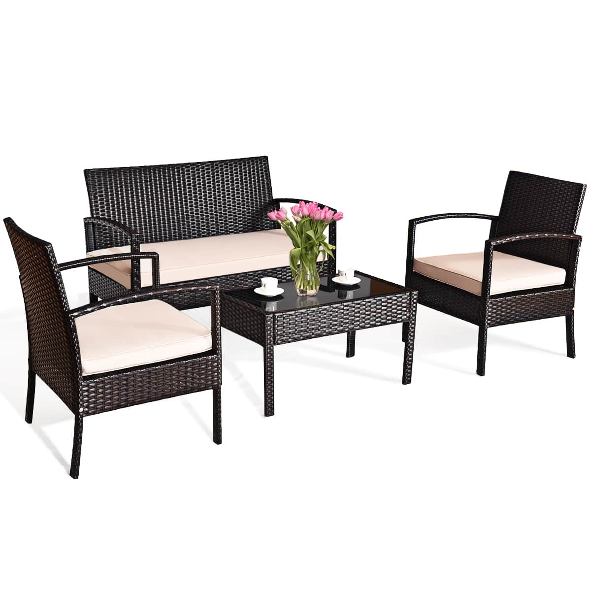 Costway - 4PCS Patio Rattan Conversation Furniture Set Cushioned Seat Glass Table - Multicolor