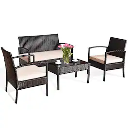 Costway - 4PCS Patio Rattan Conversation Furniture Set Cushioned Seat Glass Table - Multicolor