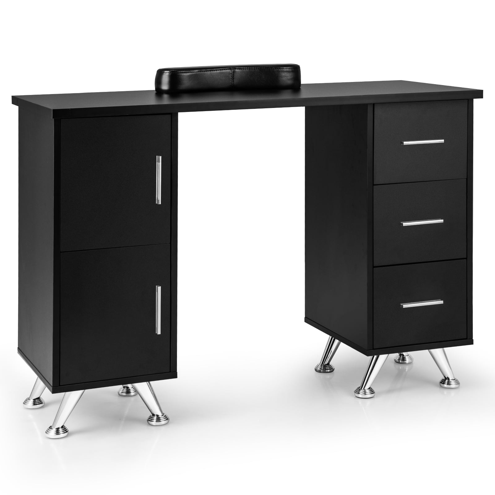 Costway - Wooden Nail Desk Station with Removable Wrist Rest Metal Legs & 3 Drawers, 2 Cabinets - Black
