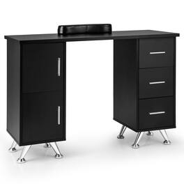 Costway - Wooden Nail Desk Station with Removable Wrist Rest Metal Legs & 3 Drawers, 2 Cabinets - Black