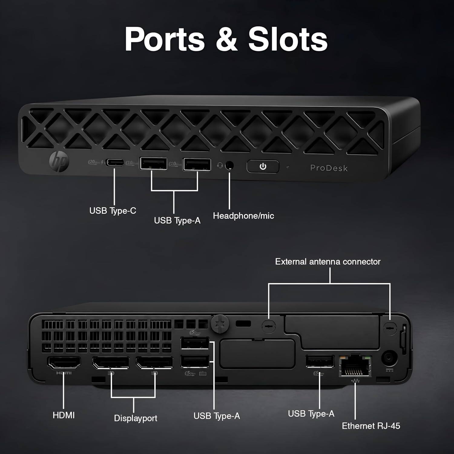Ports & Slots

- USB Type-C
- USB Type-A
- Headphone/mic
- External antenna connector
- HDMI
- Displayport
- USB Type-A
- Ethernet RJ-45
