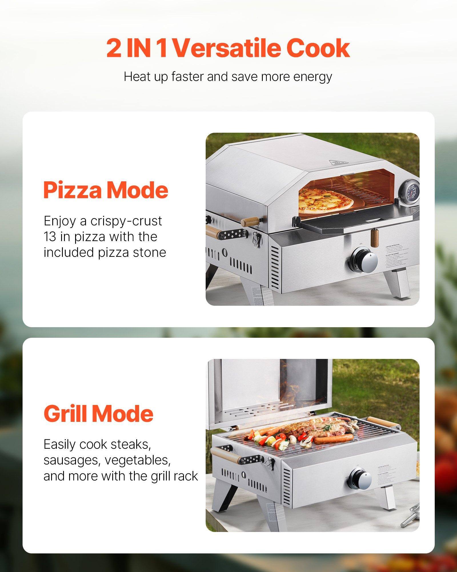 2 IN 1 Versatile Cook  
Heat up faster and save more energy  

Pizza Mode  
Enjoy a crispy-crust 13 in pizza with the included pizza stone  

Grill Mode  
Easily cook steaks, sausages, vegetables, and more with the grill rack