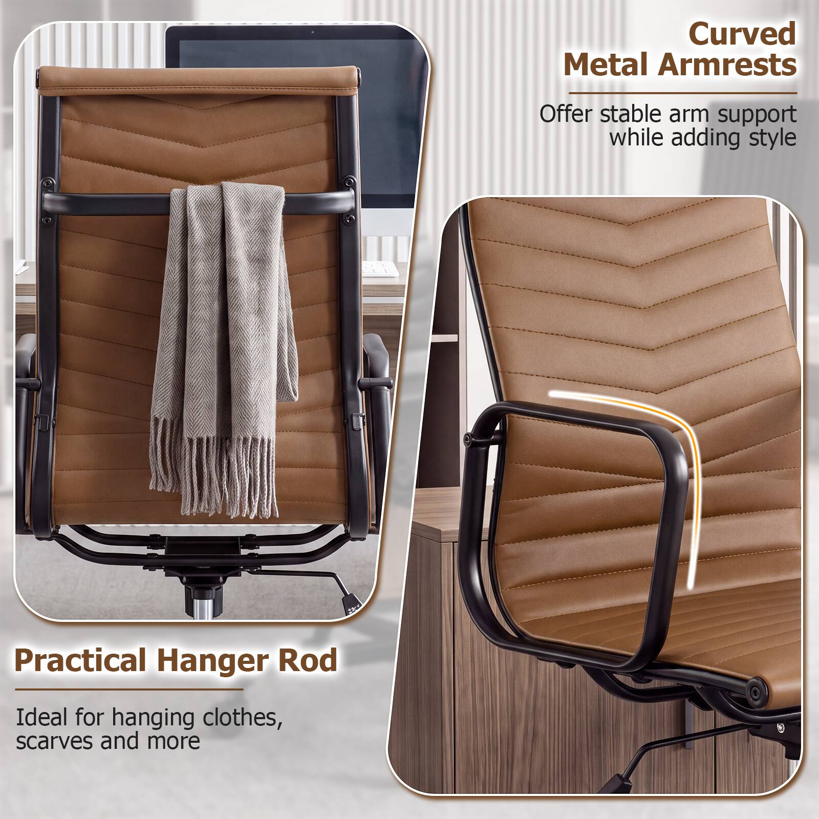 Curved Metal Armrests  
Offer stable arm support while adding style  

Practical Hanger Rod  
Ideal for hanging clothes, scarves and more