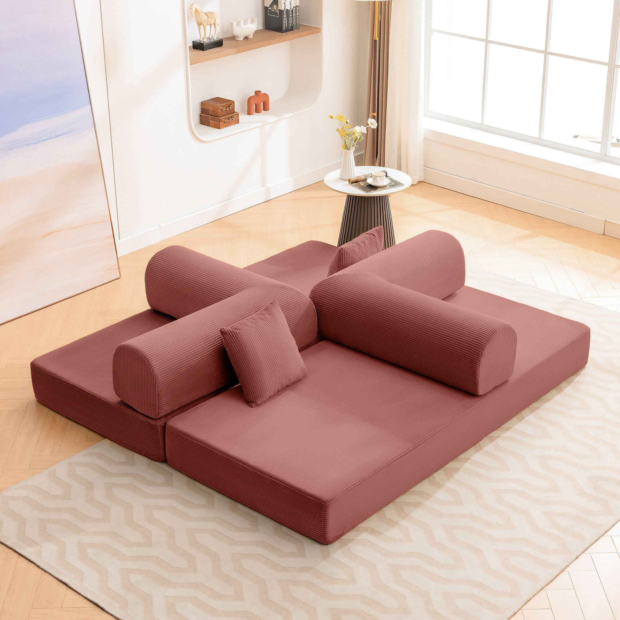 Left. KERDOM - 78 Inch W Sectional Modular Sofa, 3-4 Person Corduroy Sofa Bed Foldable, High Rebound Density Sponge Sofa, Block Couch - Pink.