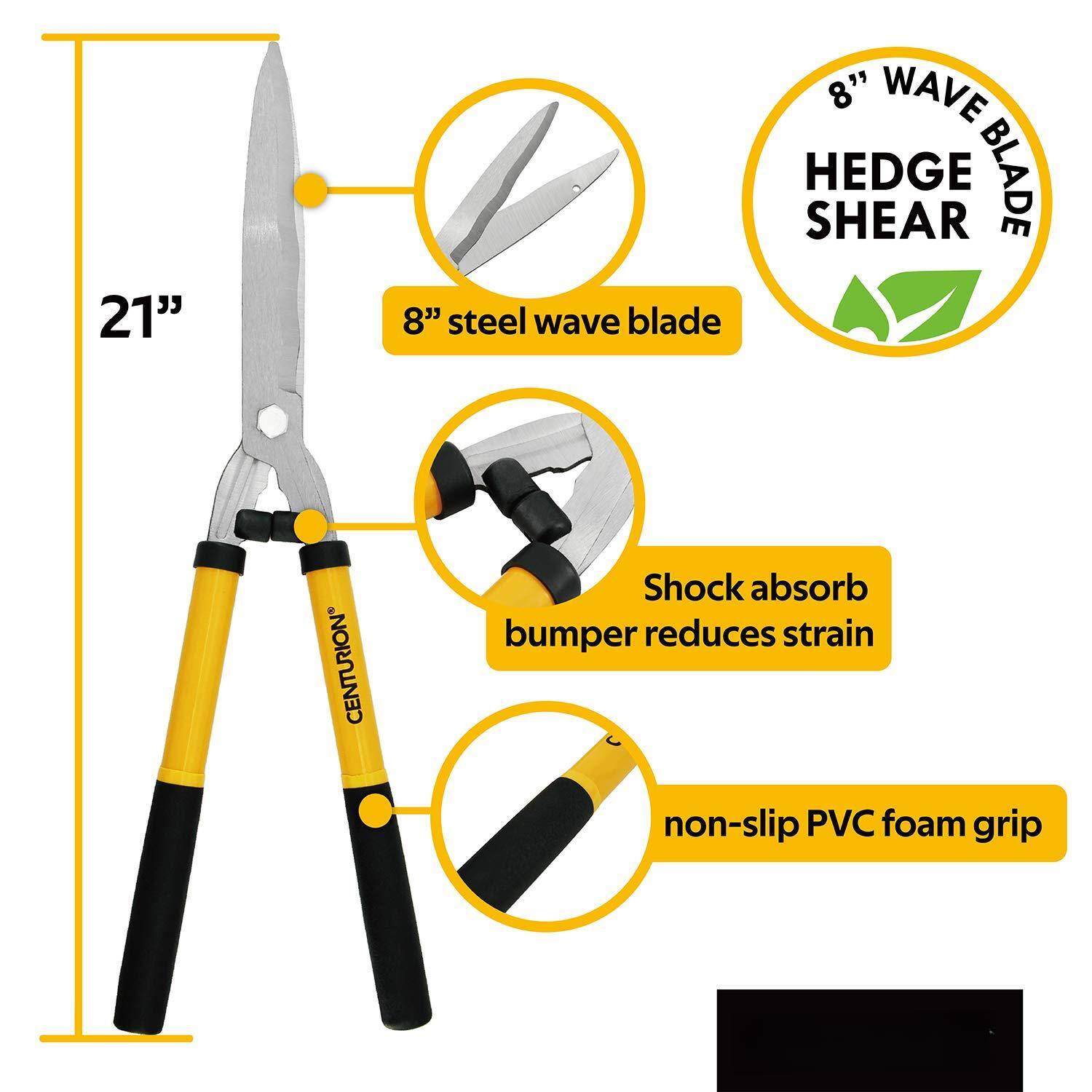 - 21" steel wave blade
- 8" WAVE BLADE
- HEDGE SHEAR
- Shock absorb bumper reduces strain
- non-slip PVC foam grip