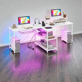 Hivvago - 2-Person Modern Office Desk with LED Illumination and Reversible Layout - White