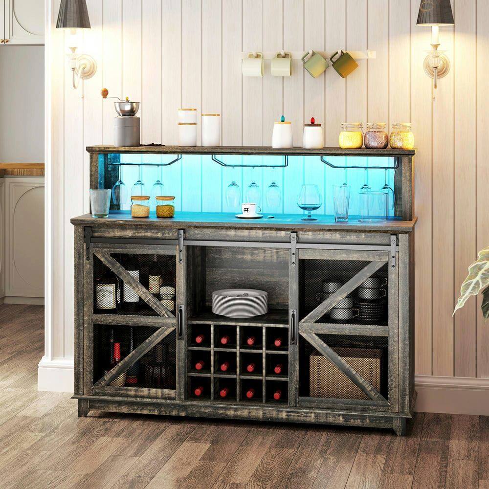 Front. Kadyn - 55" Farmhouse Coffee Bar with Built-In Lighting and Wine Storage, Brown - Brown.