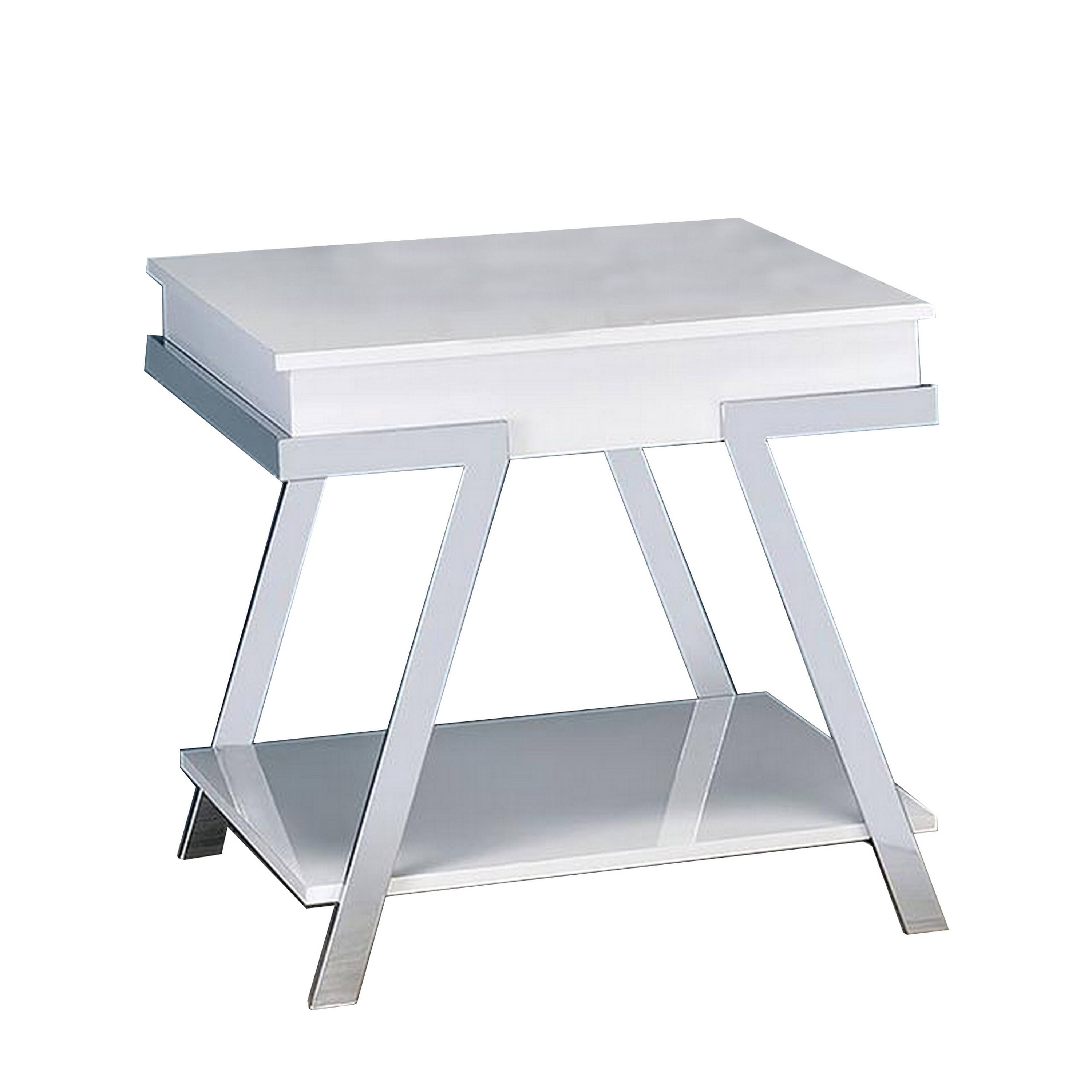 Front. Manhattan Lane - Tius 26 Inch Side End Table, Open Shelf, Chrome, High Gloss White Finish - White, Chrome.