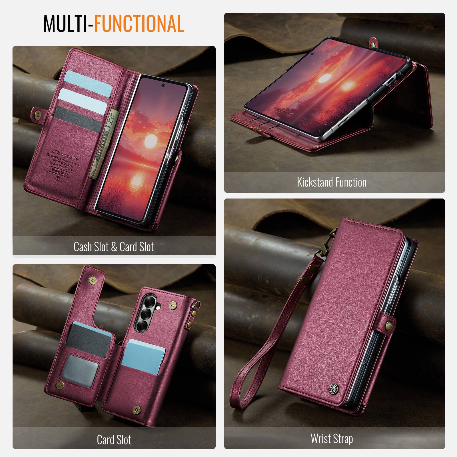 MULTI-FUNCTIONAL

- Kickstand Function
- Cash Slot & Card Slot
- Card Slot
- Wrist Strap