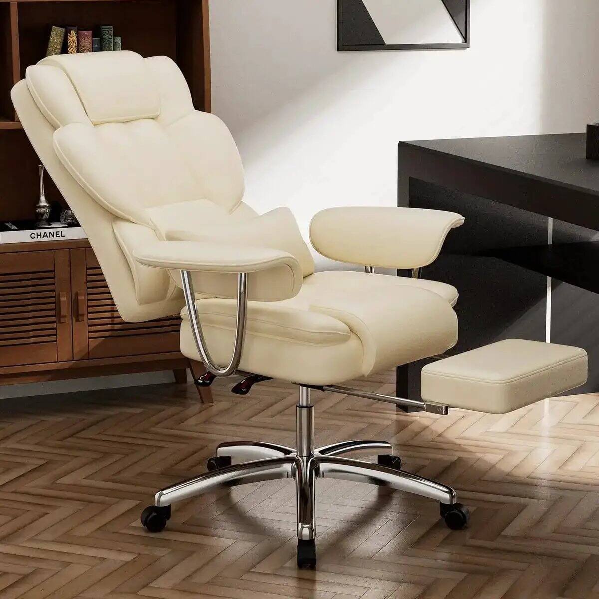 Alt View 3. Platinum-Level - Premium Big and Tall Leather Executive Office Chair with Reclining High Back - Beige.