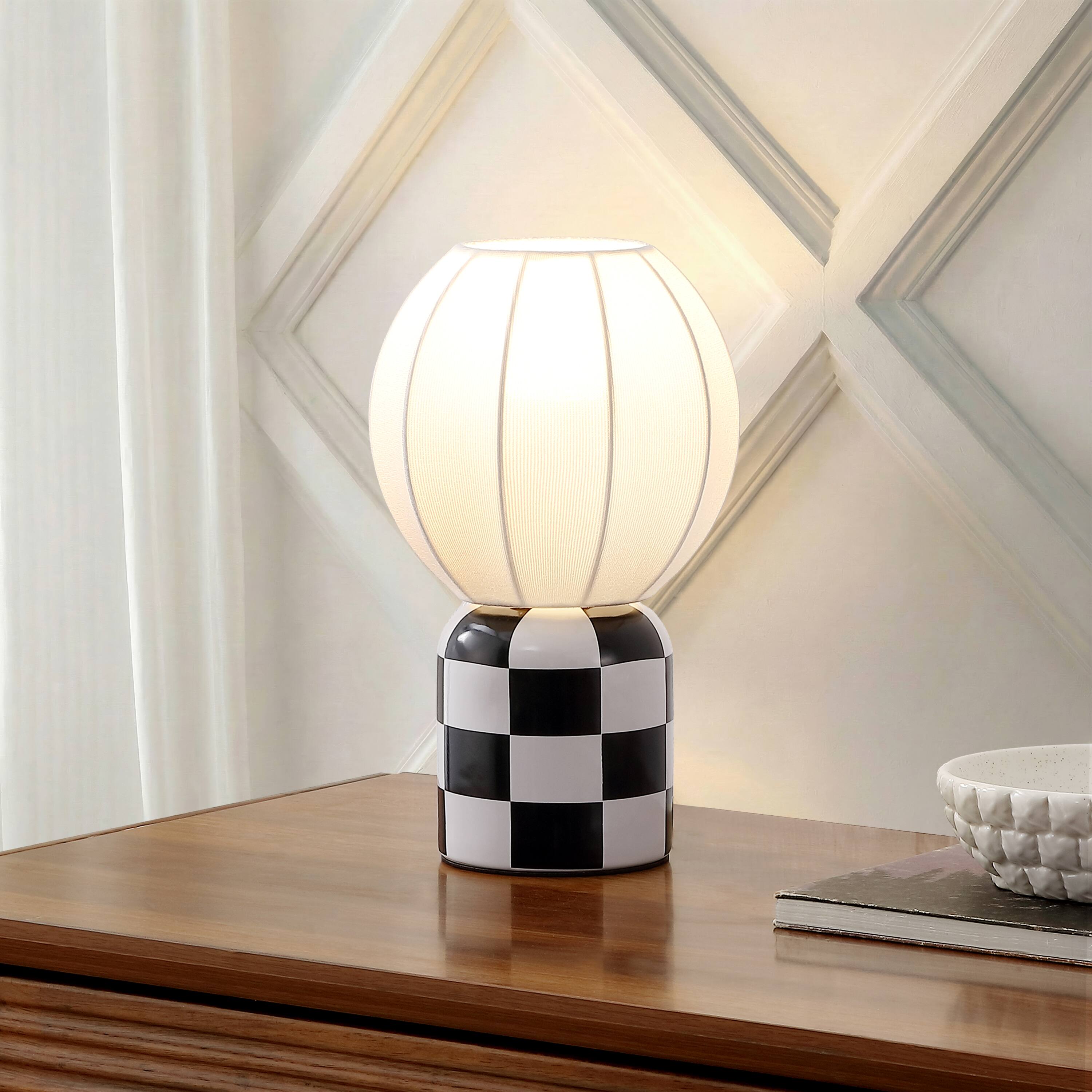 Alt View 1. Jonathan Y - Valarie 10.3 in. Contemporary Checkerboard Ceramic with Ribbed Cocoon Globe Shade LED Mini Table Lamp, Black/White - Black/White.