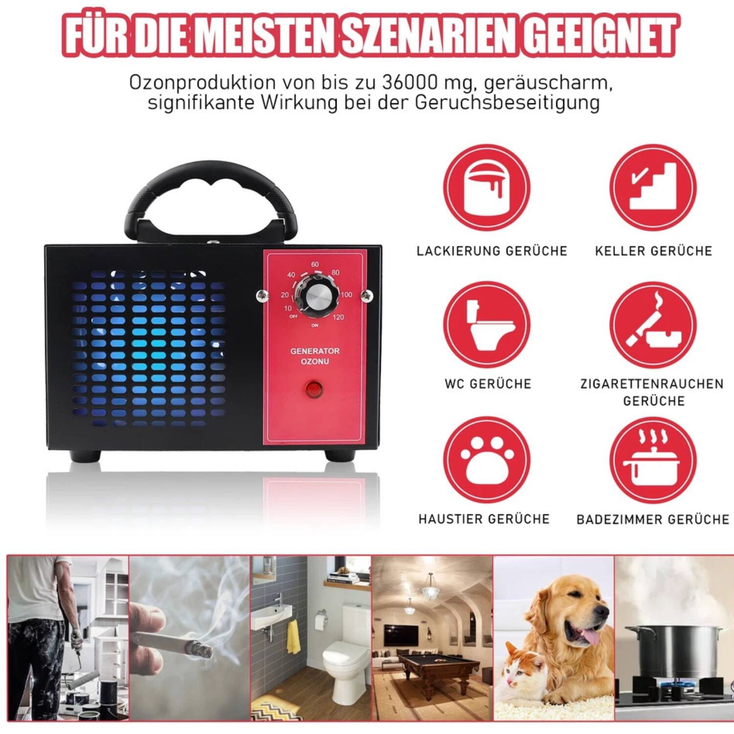Für die meisten Szenarien geeignet  
Ozonproduktion von bis zu 36000 mg, geräuscharm, signifikante Wirkung bei der Geruchsbeseitigung  

- Lackierung Gerüche  
- Keller Gerüche  
- WC Gerüche  
- Zigarettenrauch Gerüche  
- Haustier Gerüche  
- Badzimmer Gerüche