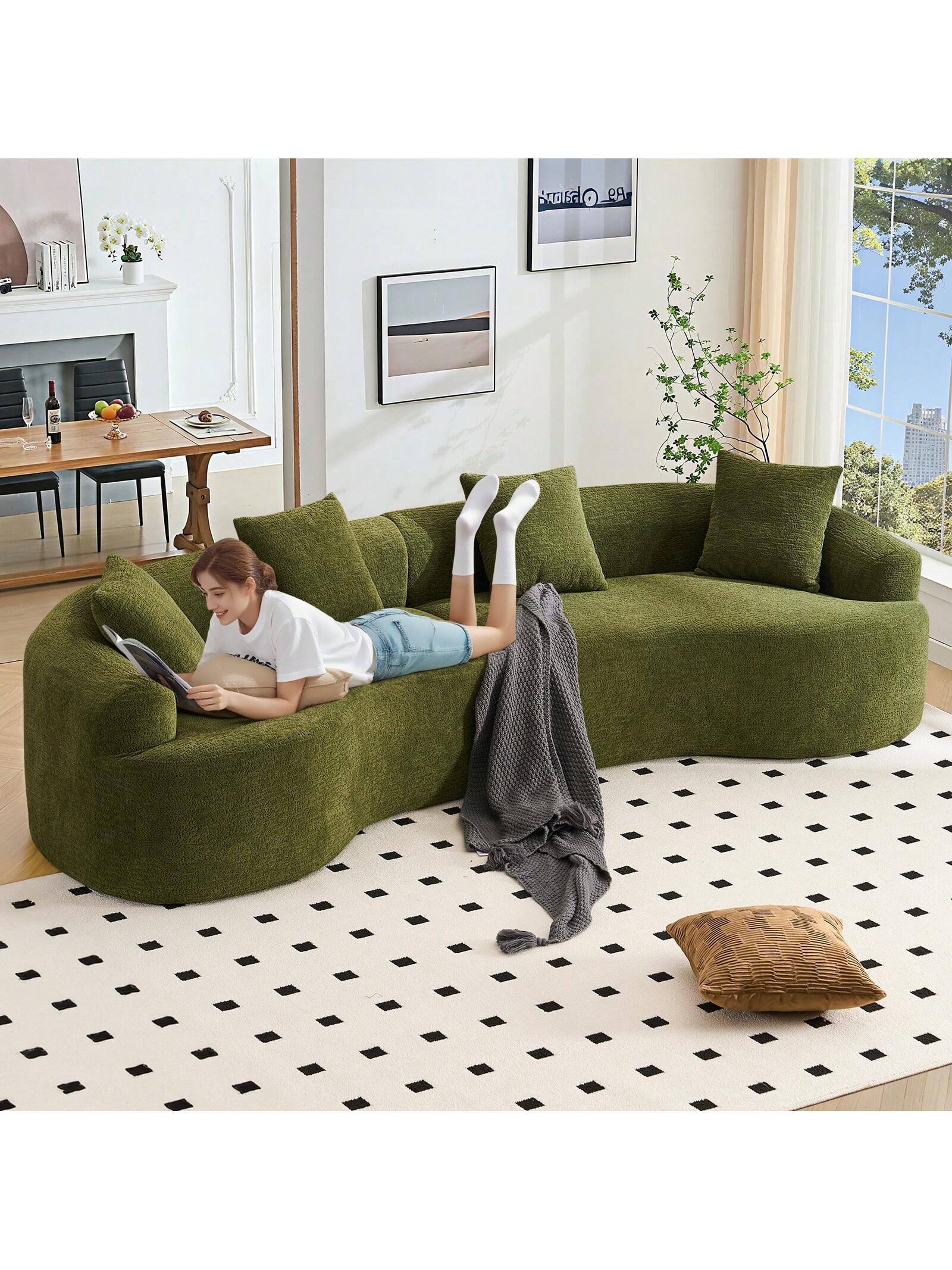 Alt View 2. Trinkets Crazed - 110" Curved Sectional Sofa For Living Room,Deep Seat Cloud Floor Couch With 4 Pillows,Chenille Upholstered Couch - Green.