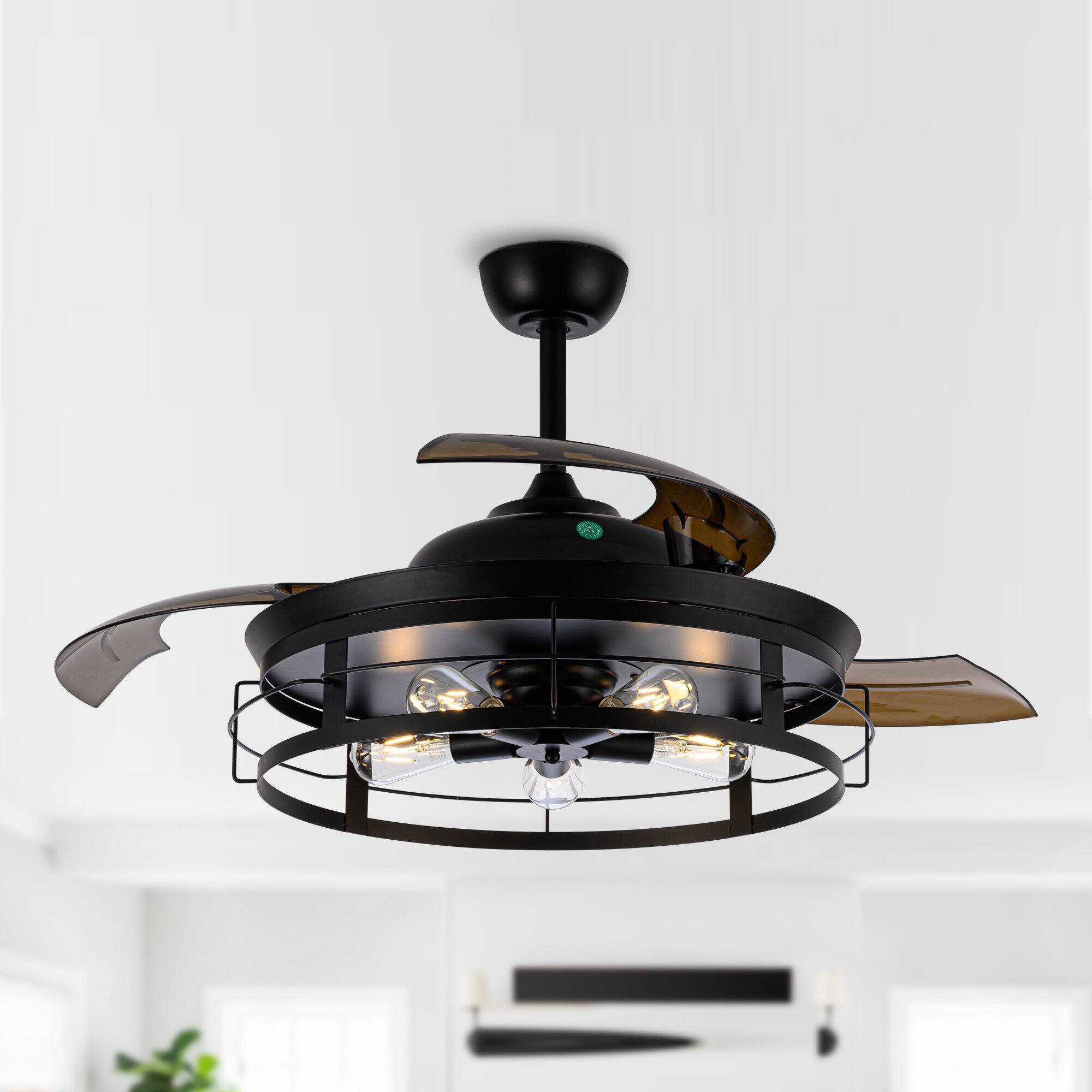 Back. Parrot Uncle - 52" Industrial Retractable 3-Blade Ceiling Fan Chandelier with Remote - Black.