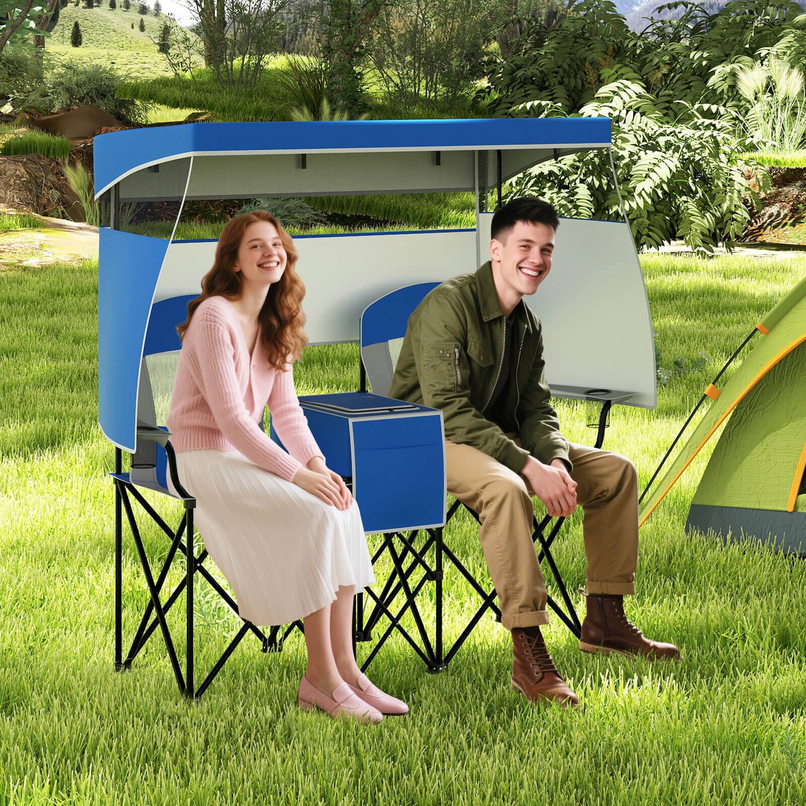 Alt View 1. Costway - Costway Double Beach Chair with Adjustable Canopy Oversized Folding Camping Chair - Navy.