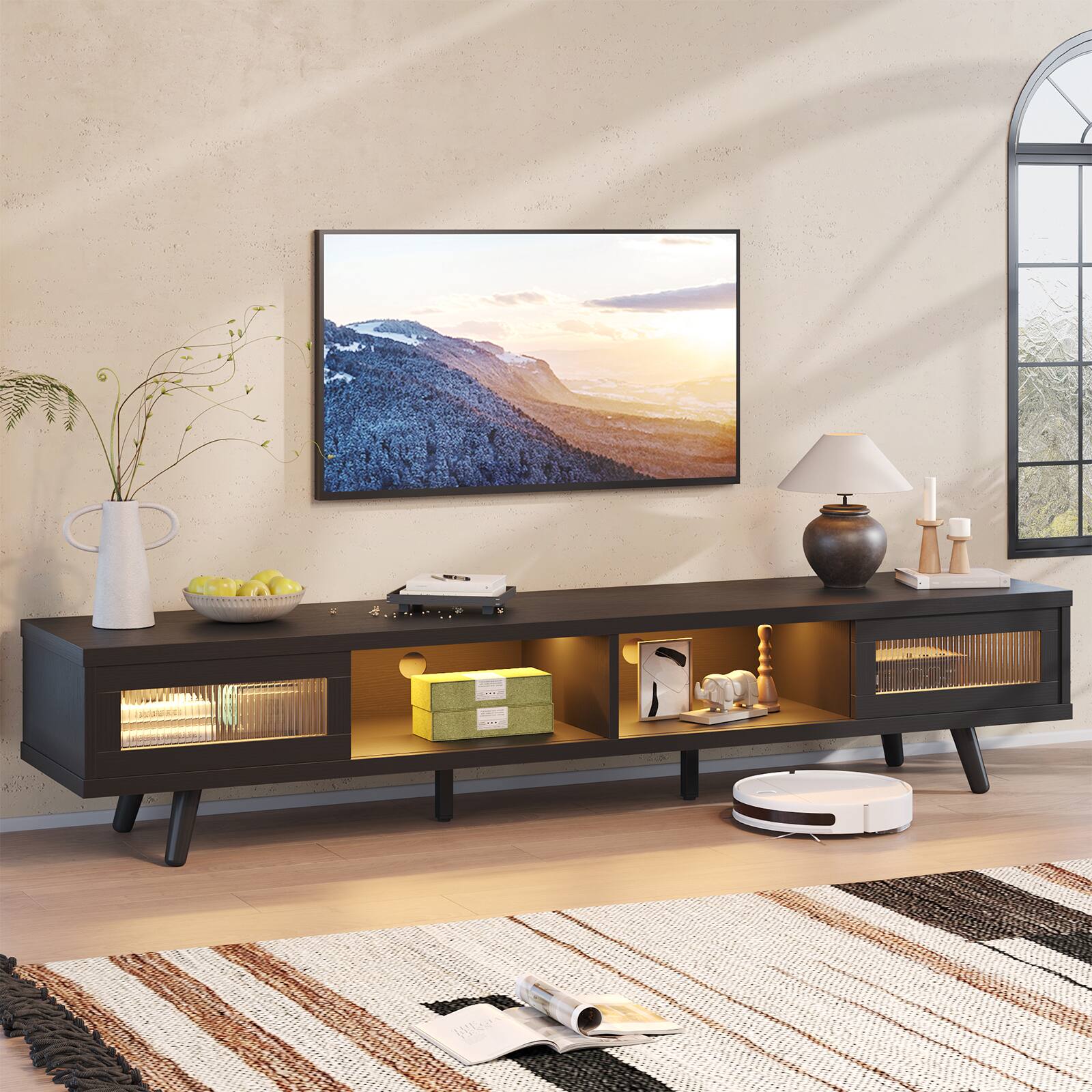 Angle. Bestier - 70" LED TV Stand Mid-Century Modern Gaming Entertainment Center with Sliding Glass Door - Black.
