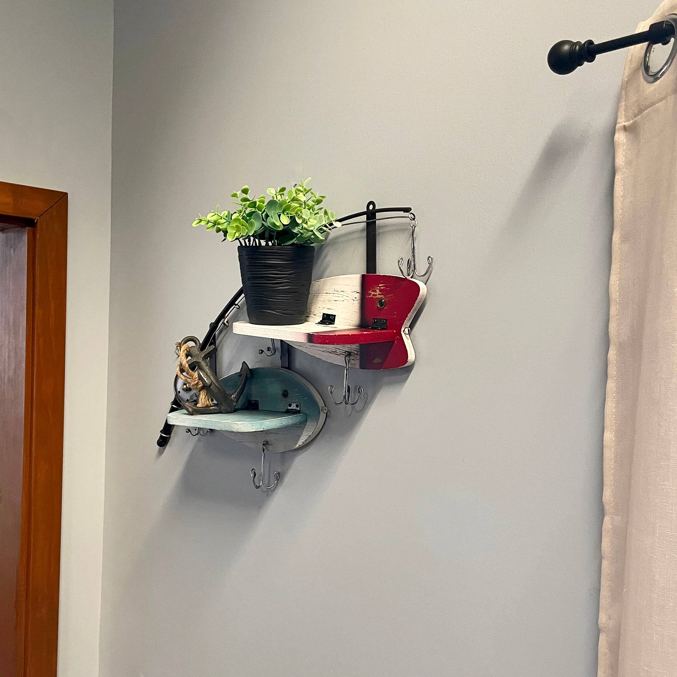 Alt View 4. Zeckos - Fishing Pole Wall Shelf with Two Lure Shelves Rustic Metal Wood Zeckos 24" Decor - Multicolored.