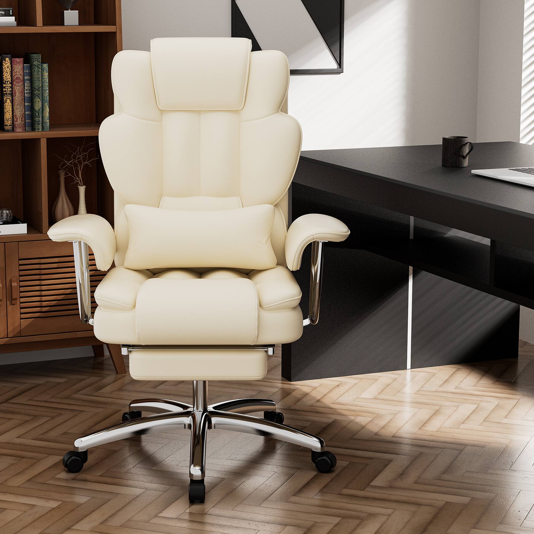 Alt View 1. PexFix - Big & Tall Executive Office Chair with Footrest, Ergonomic High-Back Reclining Chair, 500lb Capacity - Beige.