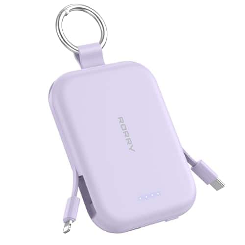 RORRY - CharmGo 5000mAh Portable Charger, 20W Power Bank, Built-in Cables, Keychain, for iPhone, AirPods & iPad - Purple