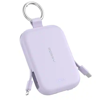 Front. RORRY - RORRY CharmGo 5000mAh Portable Charger, 20W Power Bank, Built-in Cables, Keychain, for iPhone, AirPods & iPad - Purple.