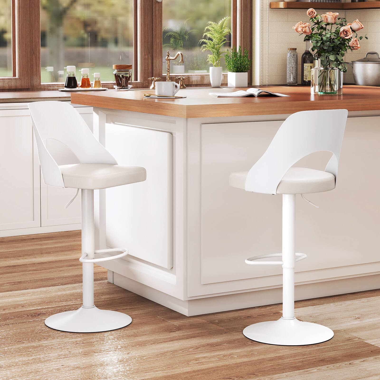 Alt View 1. Gymax - Gymax Bar Stools Set of 2 w/Enlarged PU Leather Seat Footrest Swivel Bar Chairs White - White.