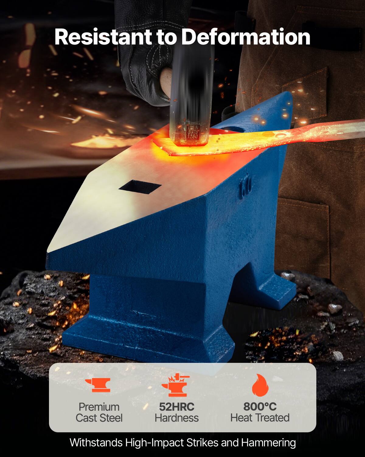 Resistant to Deformation

Premium Cast Steel  
52HRC Hardness  
800°C Heat Treated  
Withstands High-Impact Strikes and Hammering