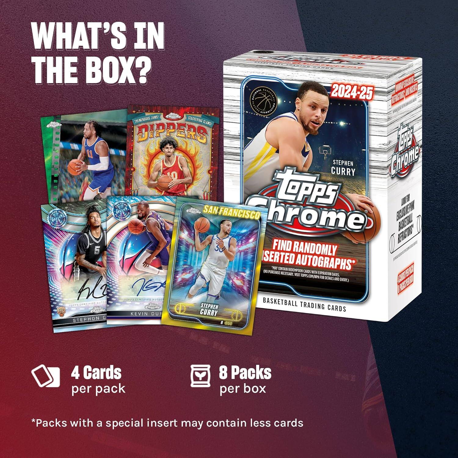 WHAT'S IN THE BOX?

- 4 Cards per pack
- 8 Packs per box

*Packs with a special insert may contain less cards

2024-25
Topps Chrome
BASKETBALL TRADING CARDS

FIND RANDOMLY INSERTED AUTOGRAPHS*

STEPHEN CURRY
SAN FRANCISCO

DIPPERS

STEPHEN CURRY
KEVIN DURANT
STEPHON GRIFFIN