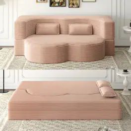 GOODSILO - Convertible Plush Corduroy Floor Sleeper Sofa with Dual Pillows for Living Room and Guest Use - Pink