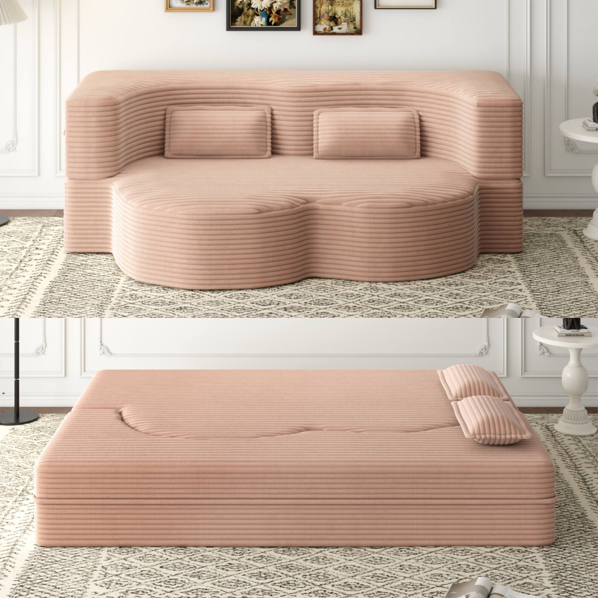Front. GOODSILO - Convertible Plush Corduroy Floor Sleeper Sofa with Dual Pillows for Living Room and Guest Use - Pink.