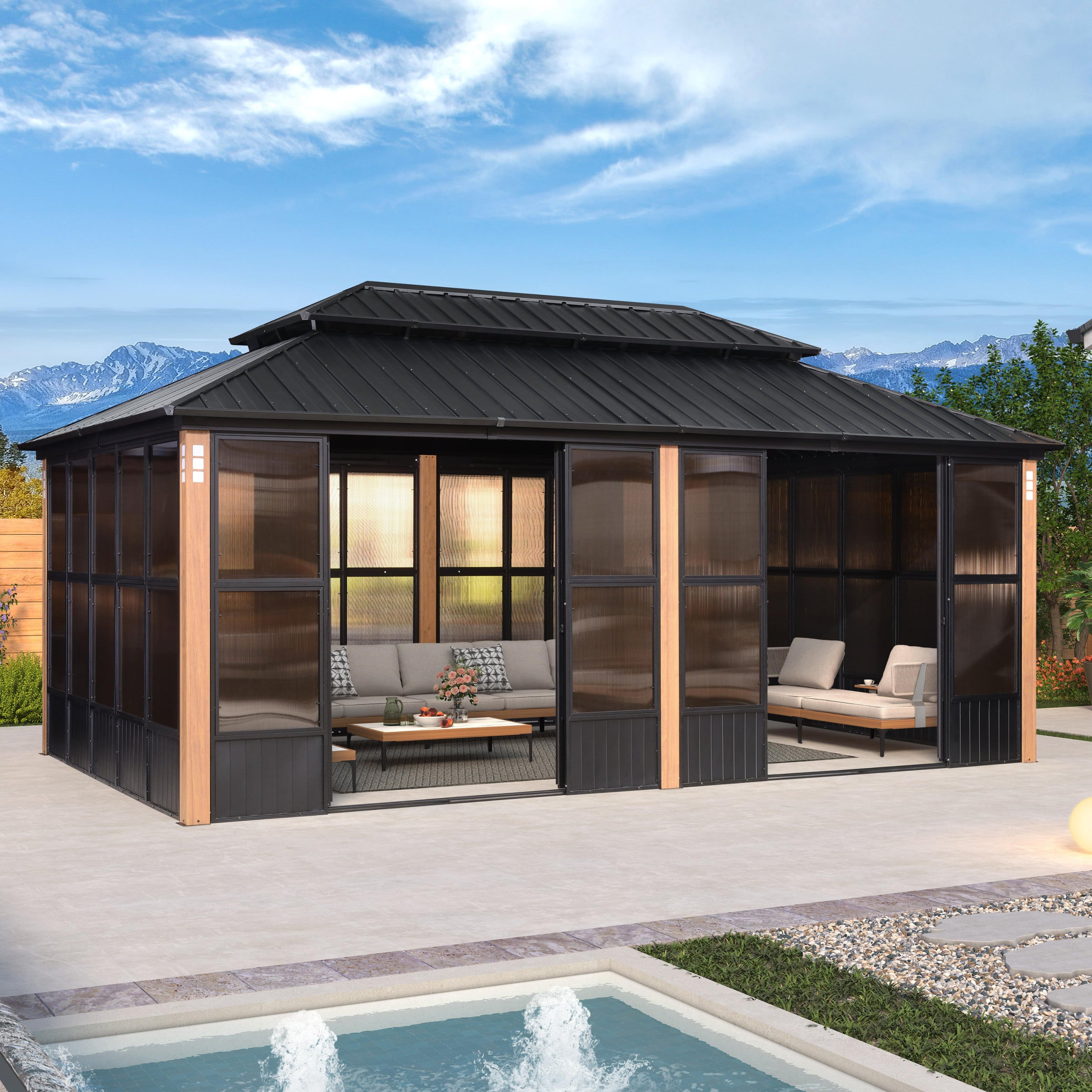 PURPLE LEAF - Sunroom Outdoor Hardtop Gazebo Wood Grain Aluminum Frame Galvanized Steel Double Roof All-Weather Screen House - 12' X 20'