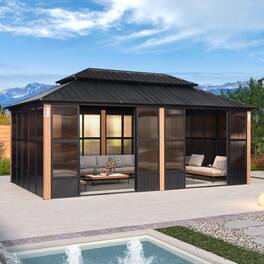 PURPLE LEAF - Sunroom Outdoor Hardtop Gazebo Wood Grain Aluminum Frame Galvanized Steel Double Roof All-Weather Screen House - 12' X 20'