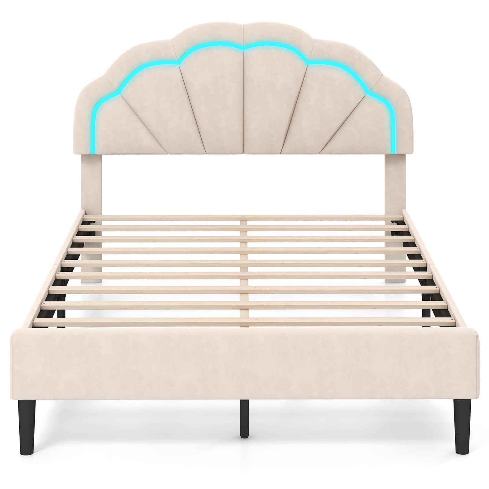 Costway - Full Size Upholstered LED Bed Frame Soft Velvet Platform Bed with Flower Headboard - Beige
